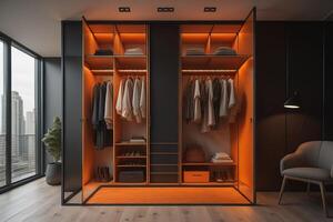 Interior of modern wardrobe with black walls, wooden floor, brown and orange wardrobe with clothes hanging on it. photo