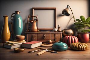 Interior with vases, books and table lamp. photo