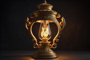 Lantern on a dark background. Vintage lamp with a candle. photo