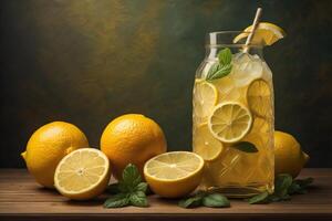 Lemonade with fresh lemons, mint and ice on wooden table. generative ai photo