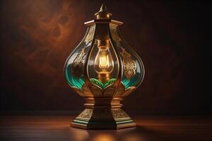 Lantern with burning candle on dark background. photo