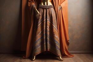 Mannequin with golden armchair and fabric on color wall background. photo