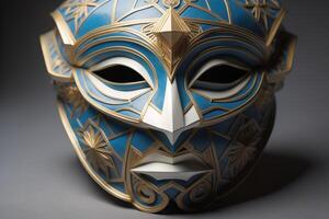 Masks with blue and gold patterns on a gray background. photo