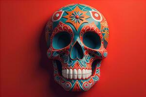 Mexican skull on red background. Day of the Dead concept. generative ai photo