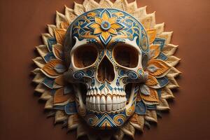 Mexican sugar skull on brown background. Day of The Dead. photo
