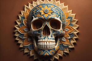 Mexican sugar skull on brown background. Day of The Dead. generative ai photo