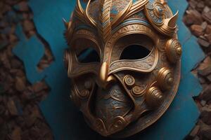 Metal mask on a blue background. The concept of a medieval period. photo