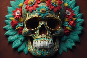 Mexican sugar skull with colorful flowers on wooden background. Day of the Dead. generative ai photo