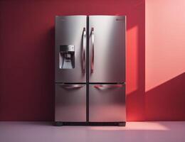 Modern fridge in red interior with copy space. photo