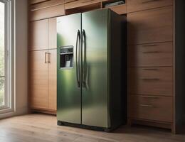 Modern kitchen interior with green fridge. generative ai photo