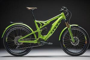 Modern green mountain bike on a dark background. photo