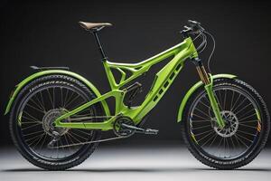 Modern green mountain bike on a dark background. generative ai photo