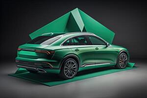 moderno verde Deportes coche cupé en un gris antecedentes. generativo ai foto