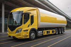 Modern semi-trailer truck with a tank on the road. photo