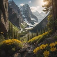 Mountain landscape with yellow flowers and snow-capped peaks. photo