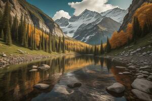 montaña lago en el otoño bosque. reflexión en el agua. generativo ai foto