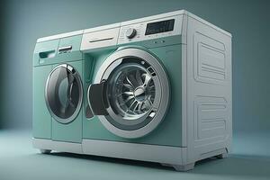 Modern washing machine on blue background. generative ai photo