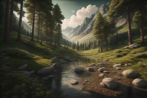 Mountain landscape with river and pine forest. generative ai photo