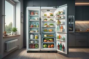 Open refrigerator with fresh vegetables and fruits in the kitchen. generative ai photo