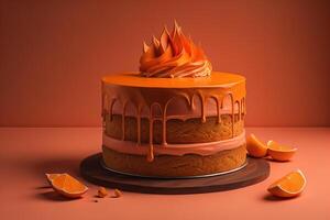 Orange cake with orange cream on a brown background. photo