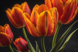 Orange tulips on a dark background. Close-up view. photo