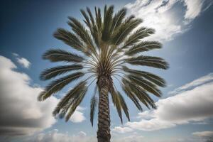 Palm tree against blue sky with clouds. Filtered image processed vintage effect. photo