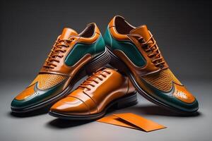 Pair of sport shoes with orange shoelaces on grey background. photo