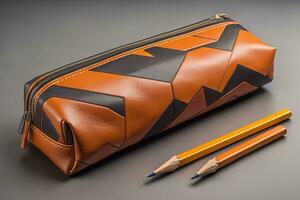 Pencil case with pencils on gray background. Back to school concept. generative ai photo
