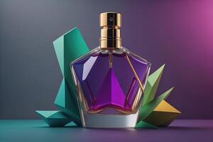 Perfume bottle with colorful geometric background. photo