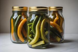 en escabeche pimientos en vaso frascos en blanco mármol mesa, superficial profundidad de campo. generativo ai foto