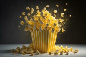 Popcorn falling into a yellow bucket on a white table and black background. generative ai photo