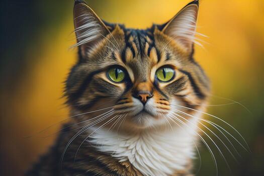 Portrait of a beautiful tabby cat with green eyes on blurred background. photo