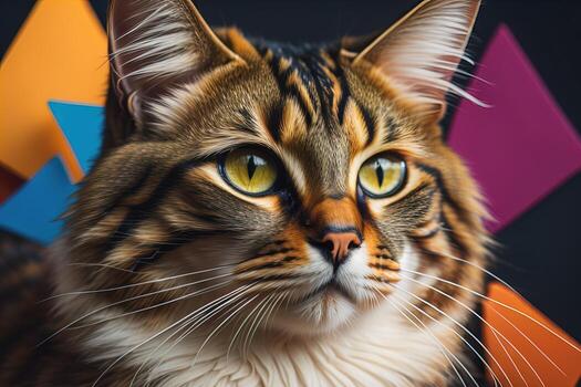 Portrait of a beautiful Maine Coon cat with colorful paper stickers. photo
