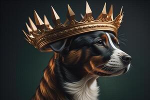 Portrait of a dog in a crown on a dark background. photo