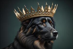 Portrait of a dog in a golden crown on a dark background. photo
