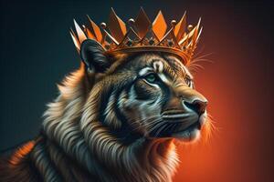 Portrait of a tiger with a crown on a dark background. generative ai photo