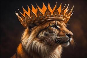 Portrait of a tiger with a crown on his head. Studio shot. generative ai photo