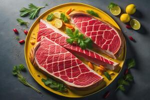 Raw fresh beef steak with herbs and spices on a yellow plate. generative ai photo