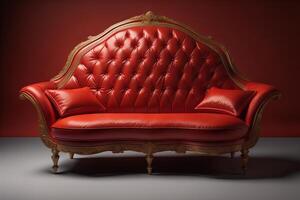 Red leather sofa with pillows in classic interior. generative ai photo