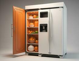 Refrigerator with orange door on gray background. generative ai photo