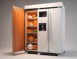 Refrigerator with orange door on gray background. photo