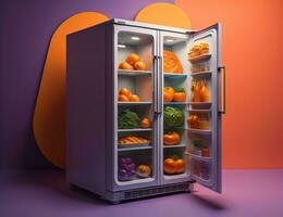 Refrigerator full of fresh fruits and vegetables, generative ai photo