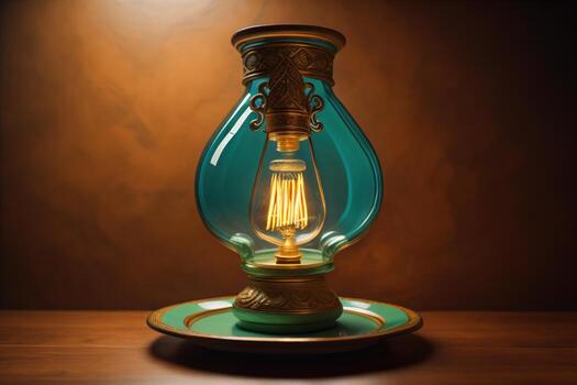 retro queroseno lámpara en un de madera mesa y marrón antecedentes. generativo ai foto