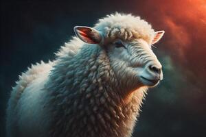 Sheep portrait on a dark background. The animal looks at the camera. photo