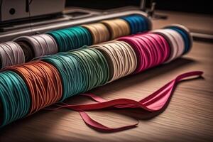Rolls of colorful threads on a sewing machine. Toned. photo