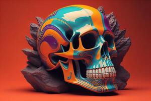 Skull with abstract pattern on orange background. generative ai photo