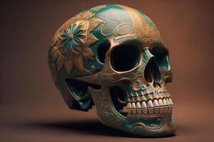 Skull with floral ornament on dark background. photo
