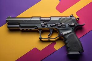 Semi-automatic pistol on a colorful background. Top view. photo