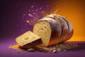 Sliced loaf of bread on a purple background with falling seeds. generative ai photo