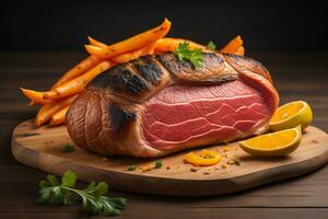 Sliced roast beef with carrots and parsley on wooden board. generative ai photo